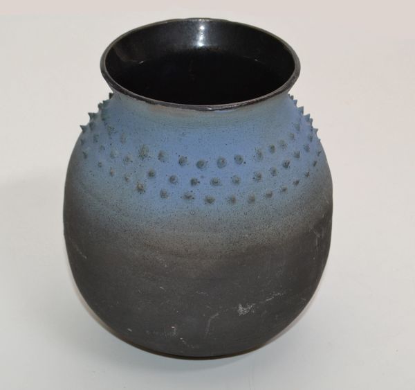 Mid-Century Modern Black & Blue American Raku Vase, Vessel Studio Art Pottery