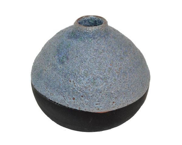 Mid-Century Modern Black & Blue American Raku Vase, Vessel Studio Art Pottery 80
