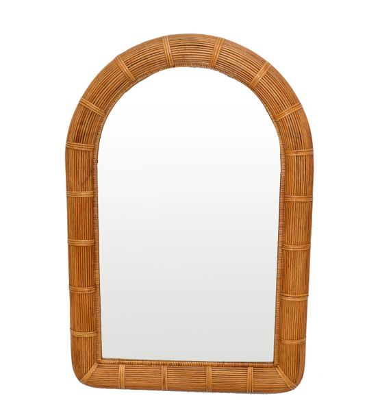Mid-Century Modern Arch Handwoven Pencil Reed & Wicker Wall Mirror Bohemian Chic