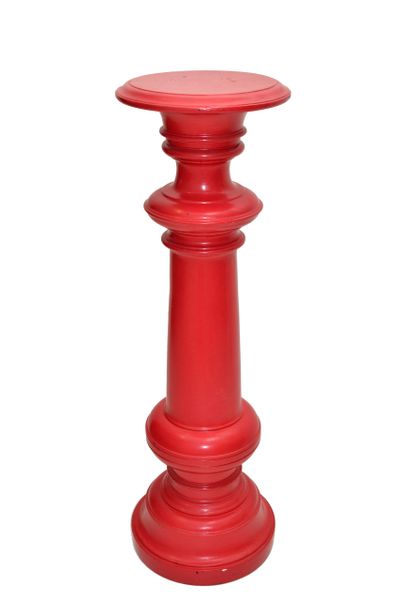 Tall Mid-Century Modern Turned Wood Red Finish Plant Stand Sculpture Pedestal