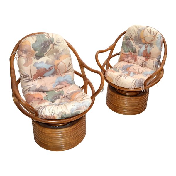 Pair of Bamboo Swivel Club Chairs Lounge Chairs Upholstery Bohemian Chic 1975