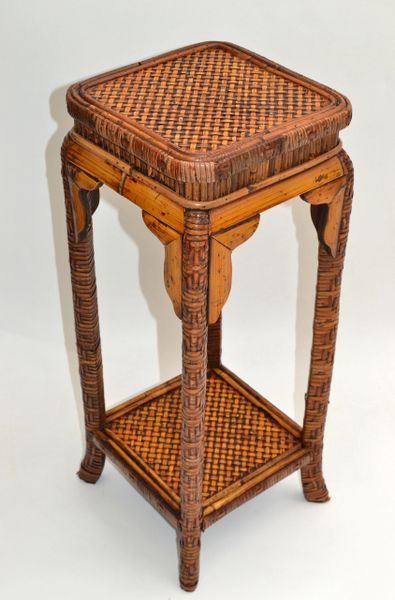 Boho Chic Handcrafted Mid-Century Modern Bamboo & Rattan Side Table, Plant Stand