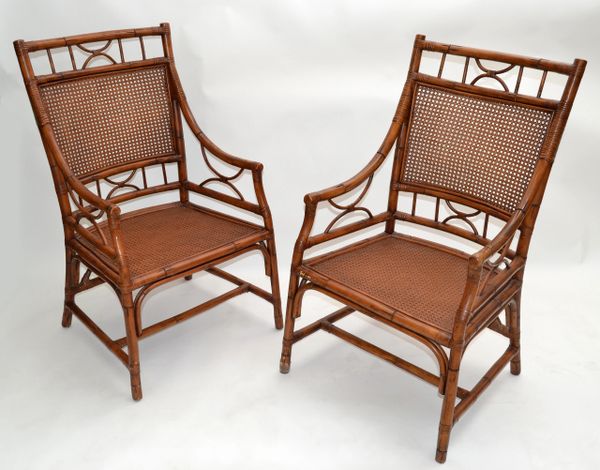 Vintage Chinoiserie Rattan Bamboo Armchairs Woven Cane Seat & Backrest - Pair