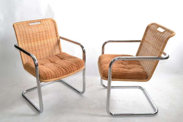 Pair Chromcraft Armchairs Brown Seat & Wicker Backrest Mid-Century Modern 1970