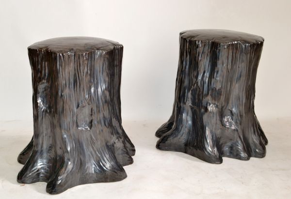 Hollywood Regency Style Outdoor Silver Ceramic Side Table Tree Stump Look - Pair