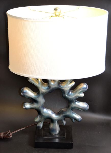 Vintage Ice Blue Resin Biomorphic Shape Abstract Art Table Lamp & Oval Shade 70s