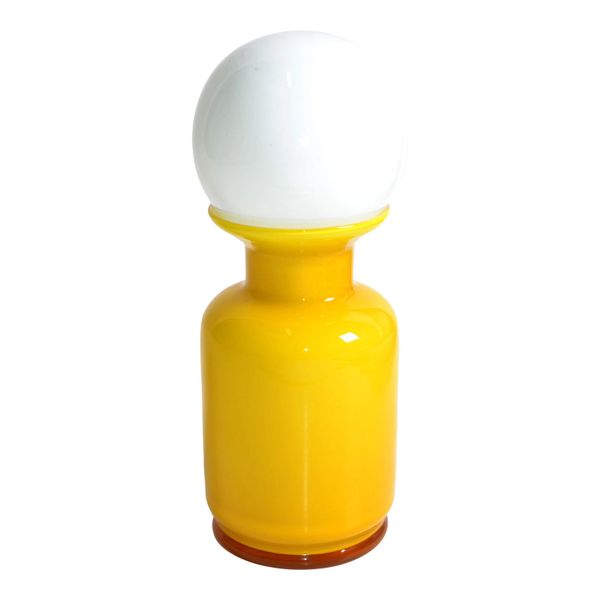 Raymor Yellow Art Glass Vessel, Decanter & White Round Stopper Midcentury, Italy