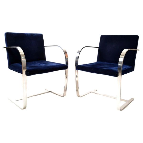 Mies Van Der Rohe for Knoll Stainless Steel Brno Chairs Blue Velvet 1977, Pair