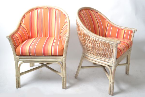 Pair Mid Century Modern Bamboo Cane Armchair Orange Stripes