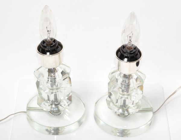 Stacked Crystal & Chrome Table Lamps, a Pair