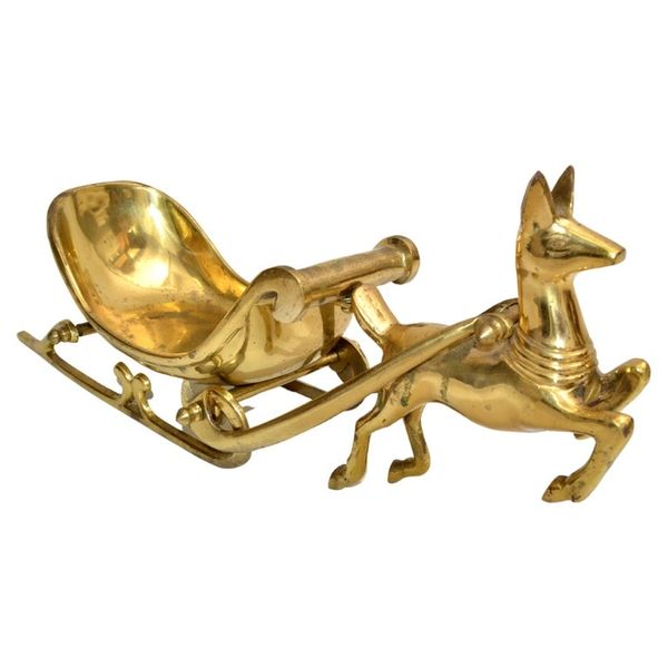 Hollywood Regency Century Handmade Brass Deer Figurine Pulling Sleigh 1970
