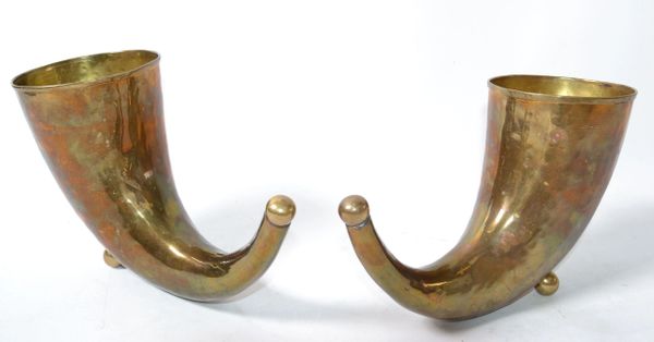 Mid-Century Modern Hand Hammered Brass Horn Sculptures, Bookends - Pair