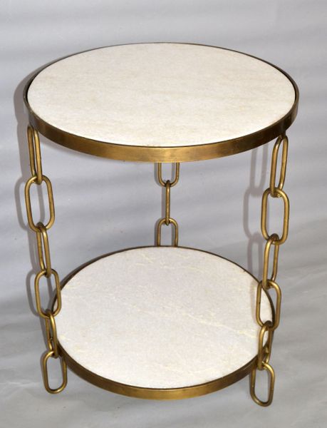 Mid-Century Modern Bronze & White Granite Two Tier Side Table Chain-Link Legs