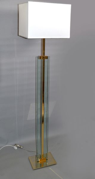 Fontana Arte Beveled Glass & Polished Brass Floor Lamp Fabric Shade Italy 1960