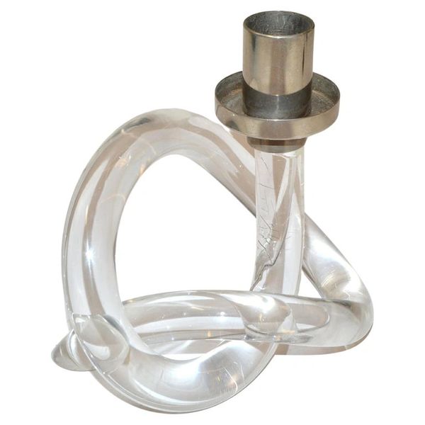 Dorothy Thorpe Lucite and Nickel Candle Holder in Pretzel Shape
