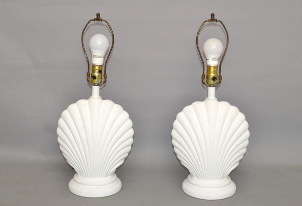 Pair Hollywood Regency Gesso Finish Nautical Seashell Shape Plaster Table Lamps