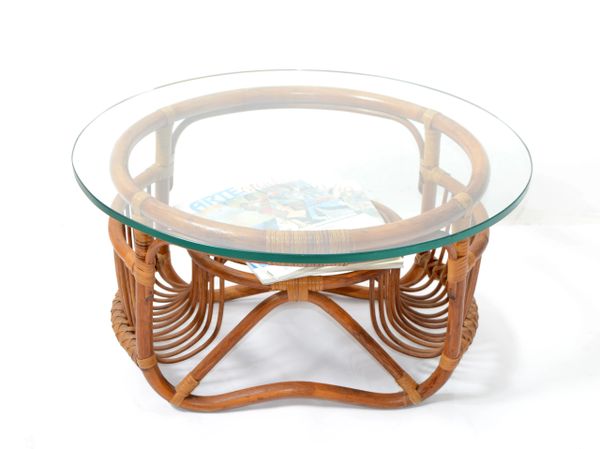 Round Bohemian Chic Bend & Woven Bamboo Glass Top Coffee Table Magazine Stand