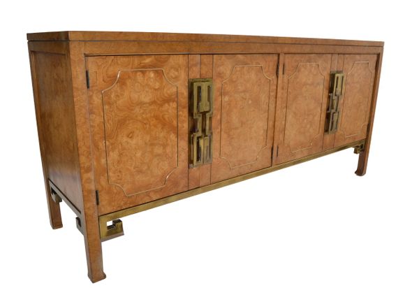 Mastercraft Burl Wood Brass Greek Key Detail Credenza Sideboard William Doezema