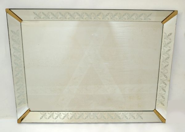 1940s Art Deco Venetian Style Etched Wall Mirror With Brass Finished Corners