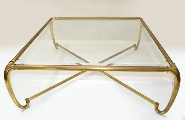 Mastercraft Sculptural Brass Coffee Table Beveled Glass Top Ming Style Legs 1970