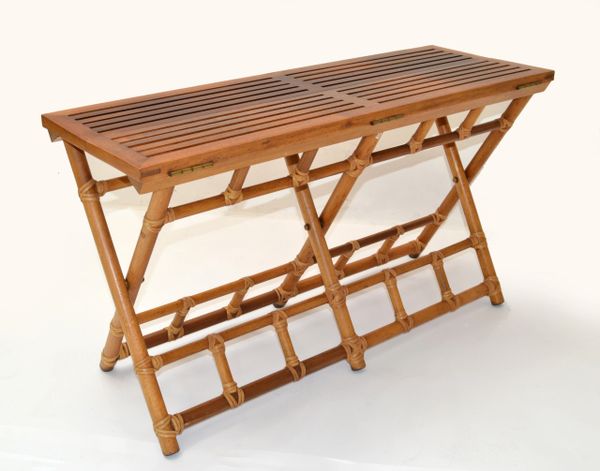 McGuire Mid-Century Modern Handwoven Bamboo Leather & Oak Slat Top Folding Bench