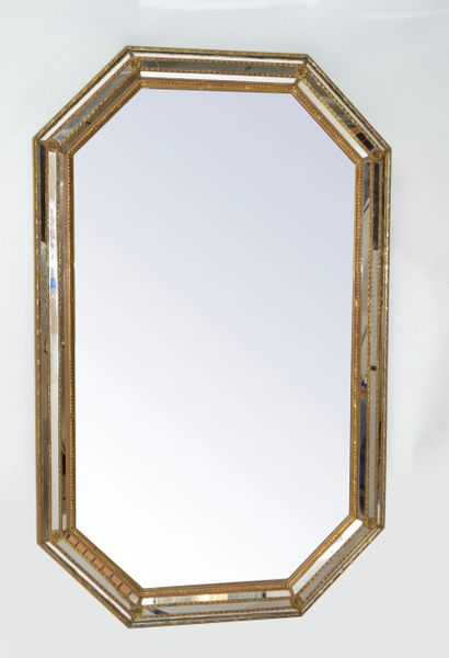 Venetian Hexagonal Wall Mirror Gilt Wood & Bohemian Ornaments 1930 Italy