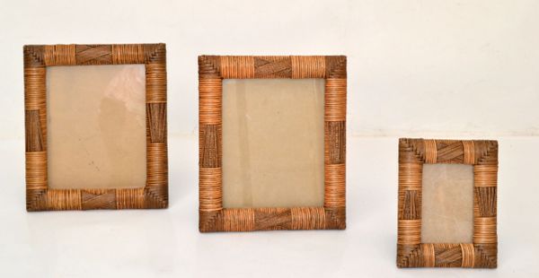 Set of 3 Cane, Wicker & Bamboo Picture Frames Bohemian Chic Mid-Century Modern
