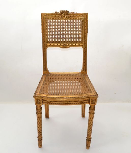 Carved & Turned Gilt Wood Vanity Chair Hollywood Regency Woven Cane Seat Italy