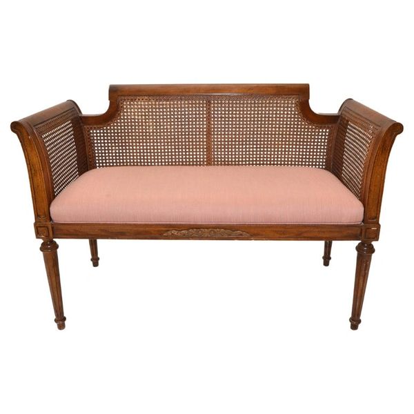 Hollywood Regency Oak Classic Bench Turned Legs & Carved Decor Handwoven Cane