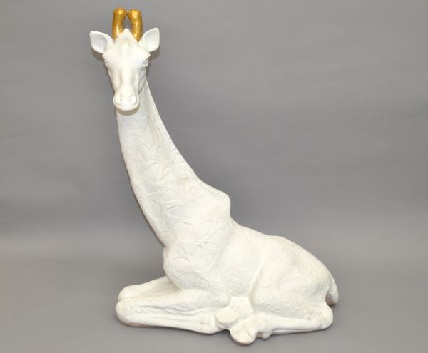 Mid-Century Modern Handmade White & Gold Finish Plaster Giraffe Animal Sculpture
