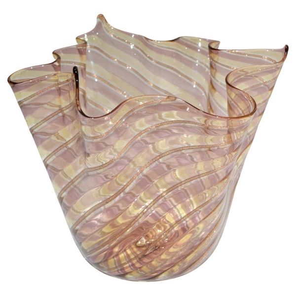 Venini Attributed Bronze, Gold and Clear Fazzoletto Bowl Vase Centerpiece Italy