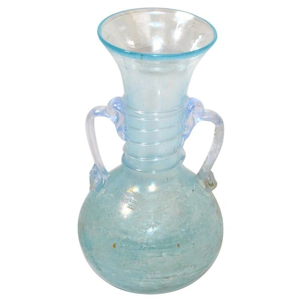 Murano Baby Blue Italian Scavo Glass Wheat Vase With Handles, Vessel, Italy 1980