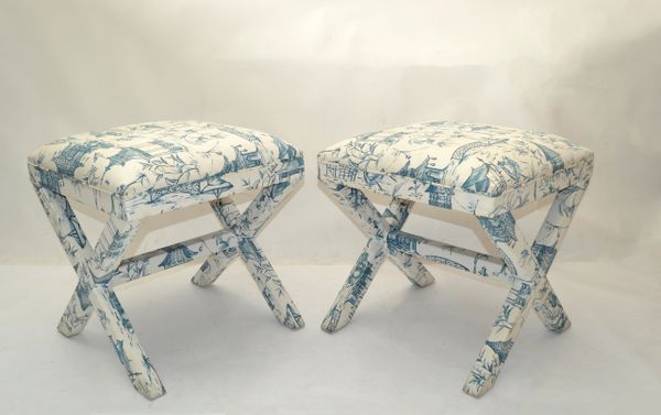 Mid-Century Modern Asian Cotton Upholstery Ottoman Decorative X Base, Pair