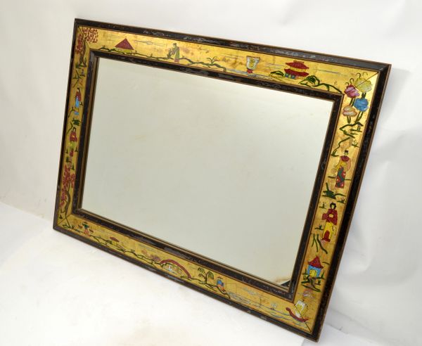 Chinoiserie Reverse Painting on Wall Mirror Rectangle Black & Gold Finish 1937