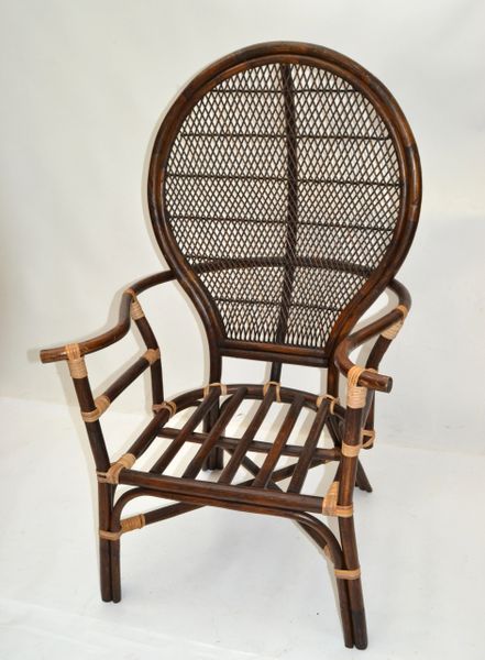 Dark Bent Bamboo & Cane Armchair Handwoven Wingback Chair Bohemian American