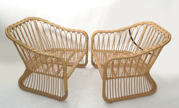 Vintage Bohemian Entirely Handwoven Sculptural Cane & Rattan Lounge Chairs, Pair
