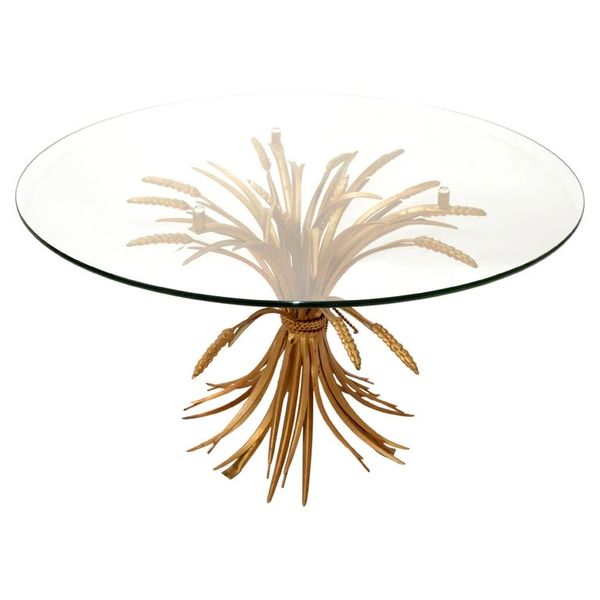 Coco Chanel Style Rund Coffee Table Gilt Iron Sheaf of Wheat Glass Top Italy