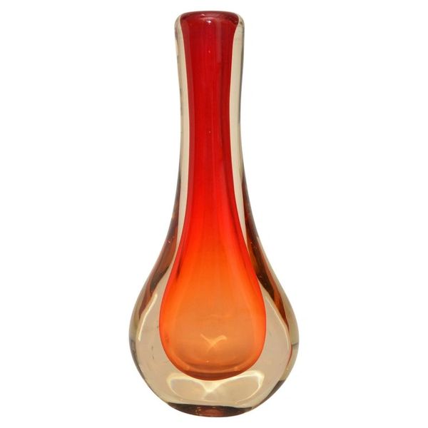 Novica Brazil Blown Art Glass Vase 3 Encased Colors Red, Orange & Transparent