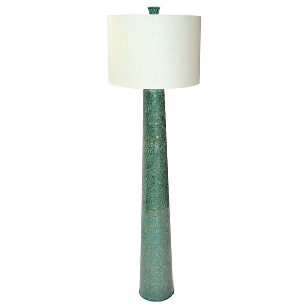 1970 Mosaic Glass Over Wood Turquoise & Green Floor Lamp White Mint Drum Shade