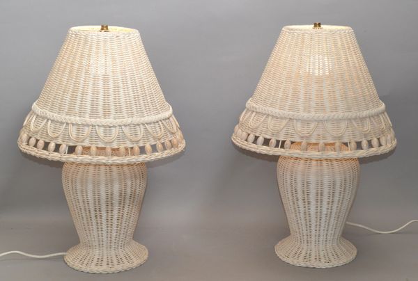 2 Hollywood Regency Vintage White Bleached Handwoven Wicker & Beaded Table Lamp