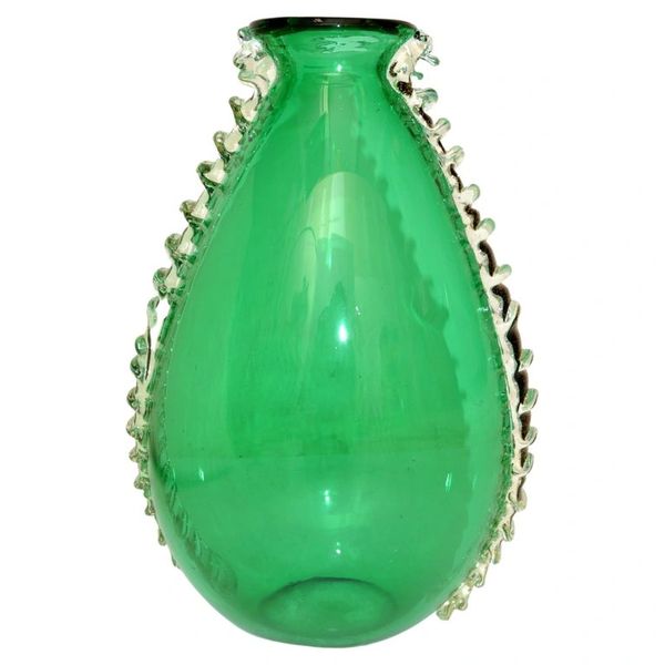 Italian Art Glass Vase Pino Signoretto Style Blown Green Murano Glass Gold Inlay