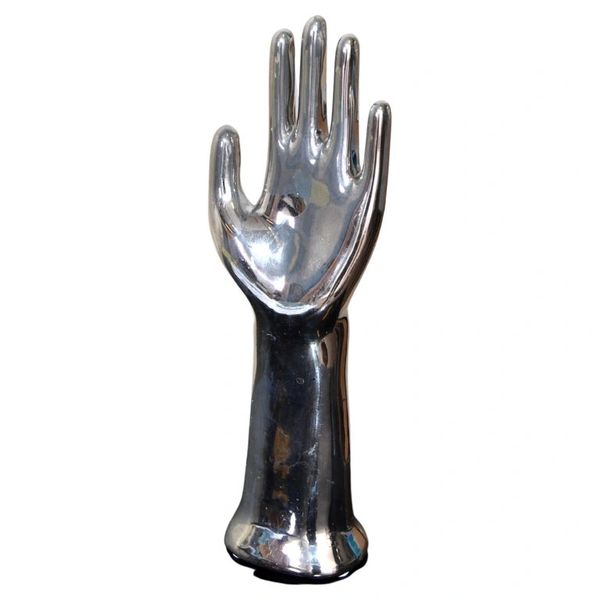 Vintage Porcelain Hand Glove Mold Nickel Plated Jewelry Stand Sculpture 1970s