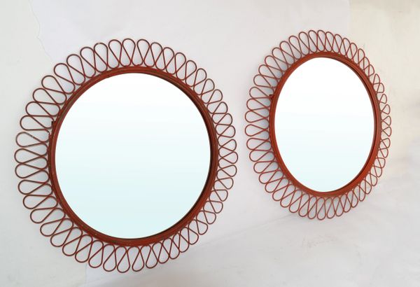 Pair, French Round Wrought Iron Wall Mirror Art Deco Style Red Distressed Look