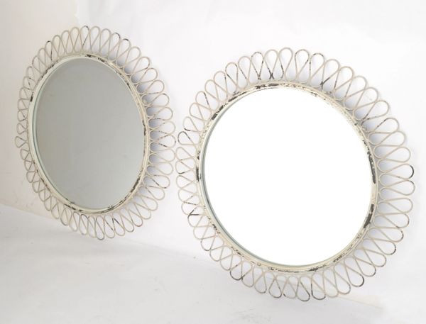 Pair, French Round Wrought Iron Wall Mirror Art Deco Style White Distressed Look