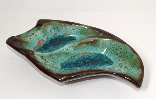 Pottery Ceramic Decorative Bowl Brown and Turquoise Vide Poche Blue Mineral 1960