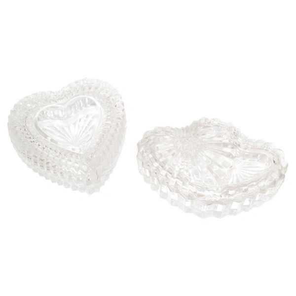Set 2 Cut & Beveled Glass Heart Shaped Candy Dish Jewelry Trinket Keepsake Box