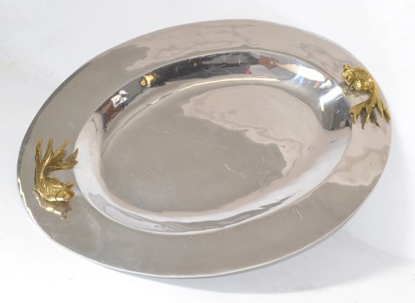Oval Serving Tray Platter Bronze Fish Handles and Chrome Finish Art Deco Style