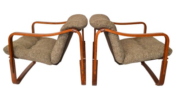 Pair Scandanavian Cantilever Bent Teak Lounge Chairs Leather & Wool Seat Cushion