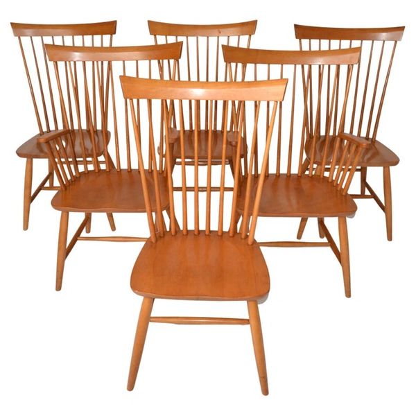 6 Vintage Ethan Allen Maple Spindle Back Country Style Dining Chairs America