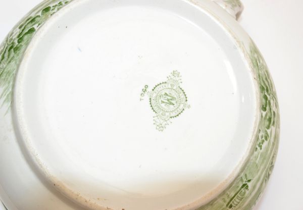 Set of 2 Antique Colonial Pottery Togo Set of 2 Deep Plate Shallow Bowl  Green Floral Transferware England Semi-porcelain Stoke DAMAGED 